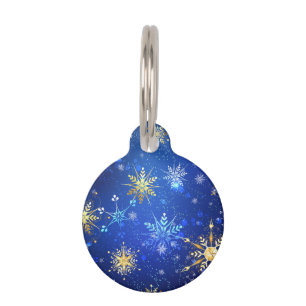 XMAS Blue Background with Golden Snowflakes Pet Tag