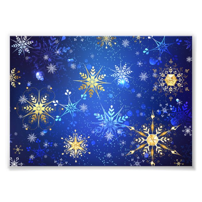 XMAS Blue Background with Golden Snowflakes Photo Print (Front)