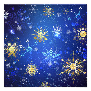XMAS Blue Background with Golden Snowflakes Photo Print
