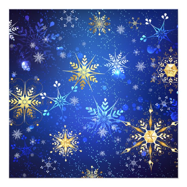 XMAS Blue Background with Golden Snowflakes Photo Print (Front)