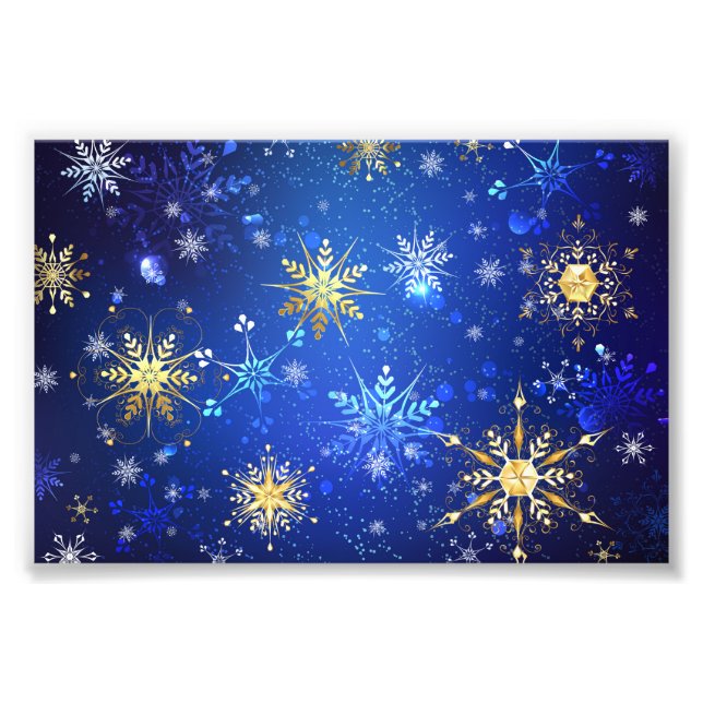 XMAS Blue Background with Golden Snowflakes Photo Print (Front)
