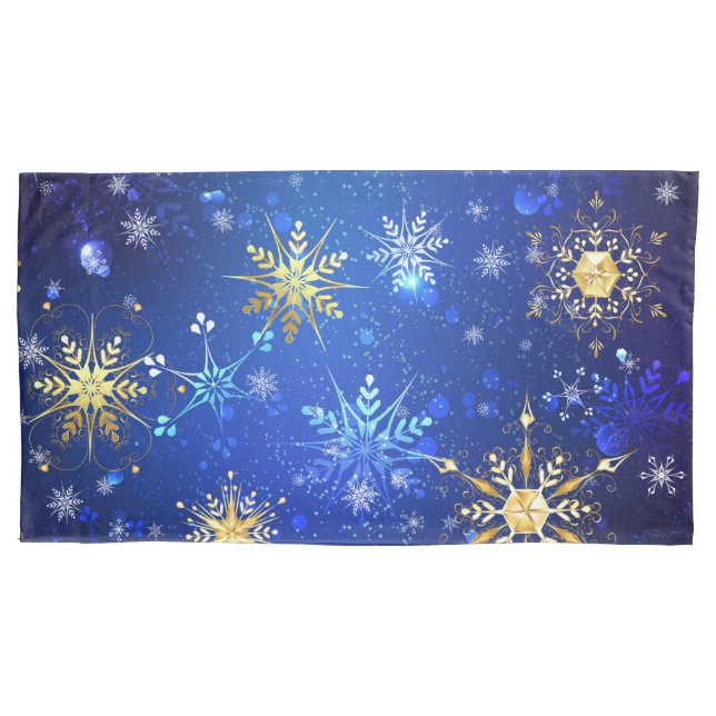 XMAS Blue Background with Golden Snowflakes Pillowcase (Front)