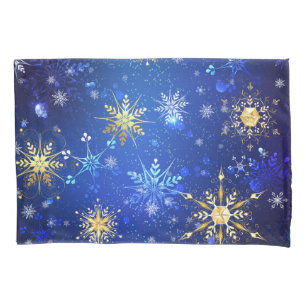 XMAS Blue Background with Golden Snowflakes Pillowcase