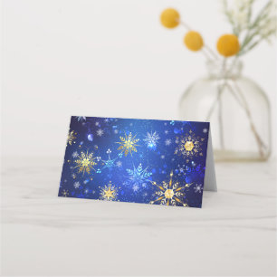 XMAS Blue Background with Golden Snowflakes Place Card