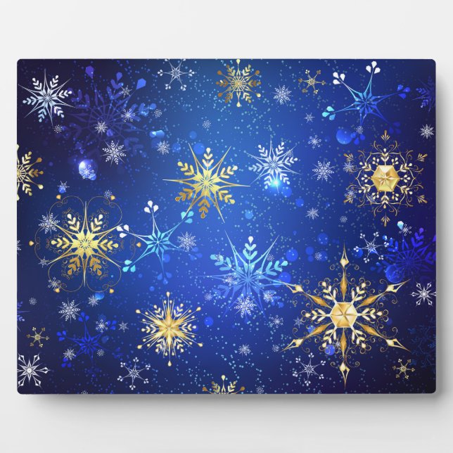XMAS Blue Background with Golden Snowflakes Plaque (Front)