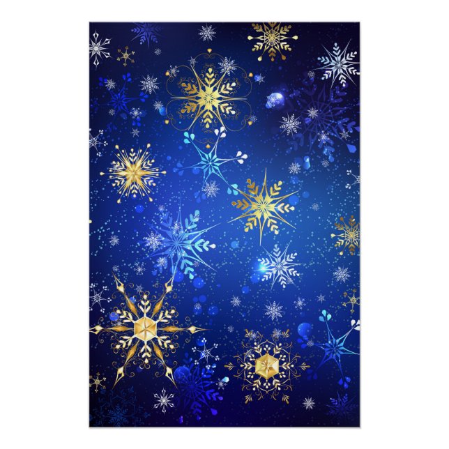 XMAS Blue Background with Golden Snowflakes Poster (Front)