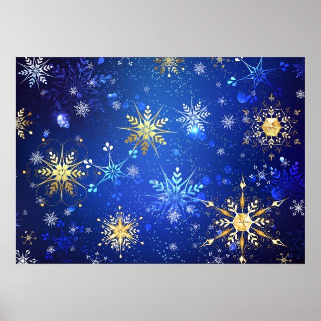 XMAS Blue Background with Golden Snowflakes Poster (Front)