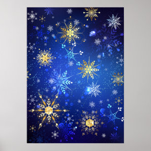 XMAS Blue Background with Golden Snowflakes Poster