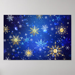 XMAS Blue Background with Golden Snowflakes Poster