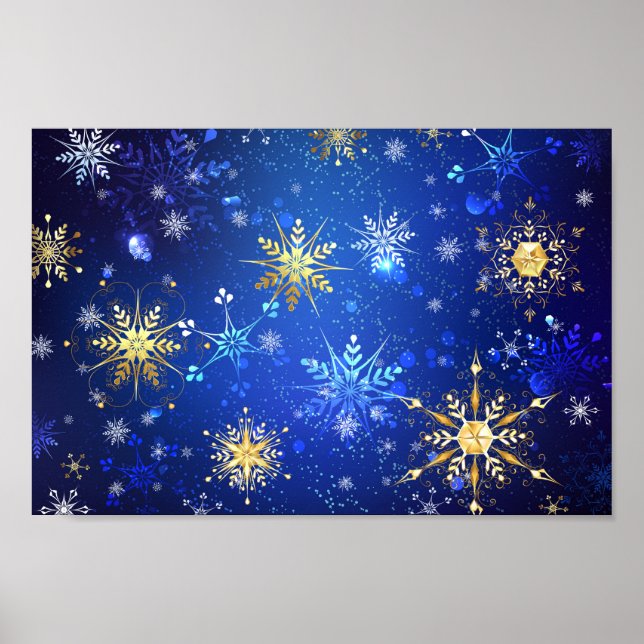 XMAS Blue Background with Golden Snowflakes Poster (Front)