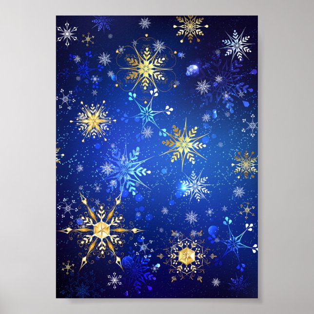 XMAS Blue Background with Golden Snowflakes Poster (Front)