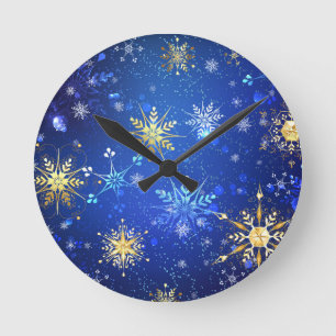 XMAS Blue Background with Golden Snowflakes Round Clock