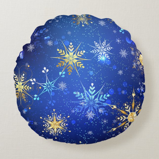 XMAS Blue Background with Golden Snowflakes Round Pillow (Front)