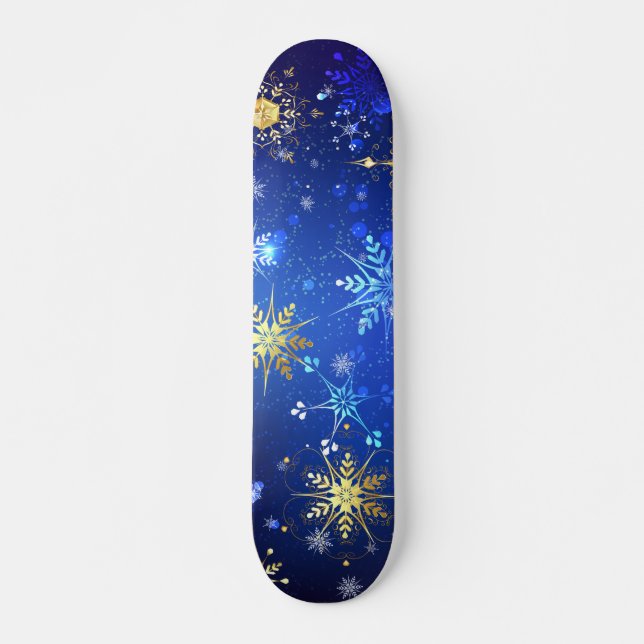 XMAS Blue Background with Golden Snowflakes Skateboard (Front)