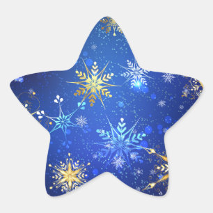 XMAS Blue Background with Golden Snowflakes Star Sticker