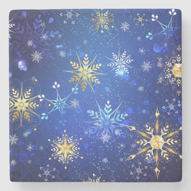 XMAS Blue Background with Golden Snowflakes Stone Coaster (Front)