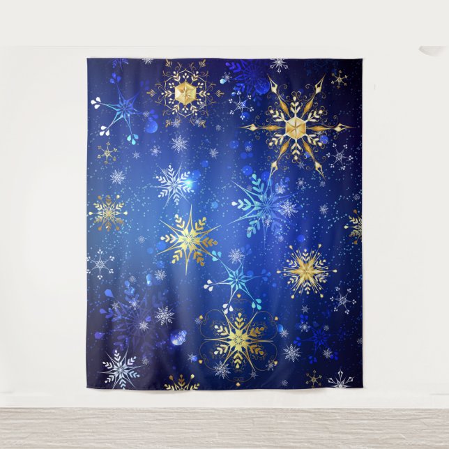 XMAS Blue Background with Golden Snowflakes Tapestry (Front)
