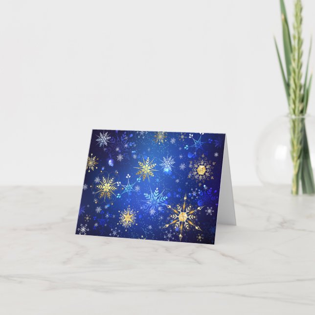 XMAS Blue Background with Golden Snowflakes Thank You Card (Front)