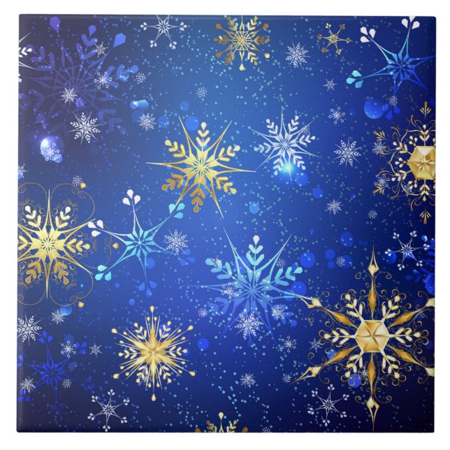 XMAS Blue Background with Golden Snowflakes Tile (Front)