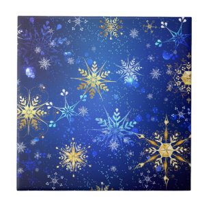 XMAS Blue Background with Golden Snowflakes Tile
