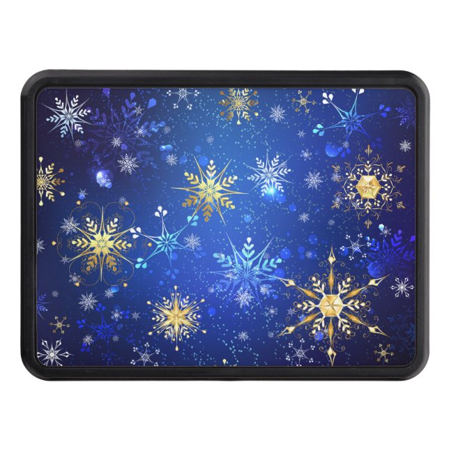 XMAS Blue Background with Golden Snowflakes Trailer Hitch Cover (Front)