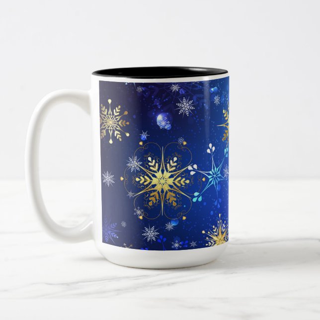 XMAS Blue Background with Golden Snowflakes Two-Tone Coffee Mug (Left)