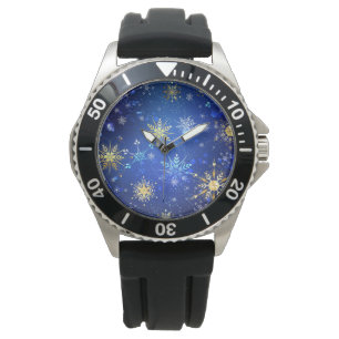 XMAS Blue Background with Golden Snowflakes Watch
