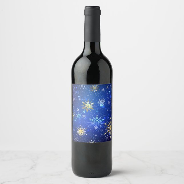 XMAS Blue Background with Golden Snowflakes Wine Label (Front)
