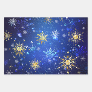 XMAS Blue Background with Golden Snowflakes Wrapping Paper Sheet