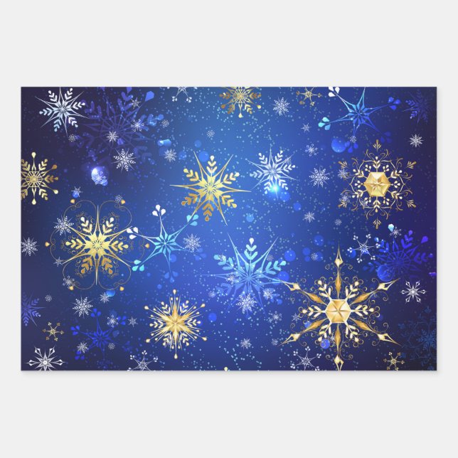 XMAS Blue Background with Golden Snowflakes Wrapping Paper Sheet (Front)