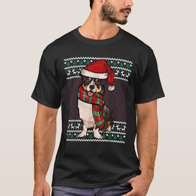 Xmas Cardigan Welsh Corgi Dog Santa Hat Ugly Chris T-Shirt (Front)