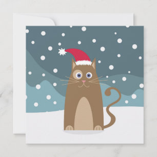 Xmas cat in snow forest, santa hat kitty card