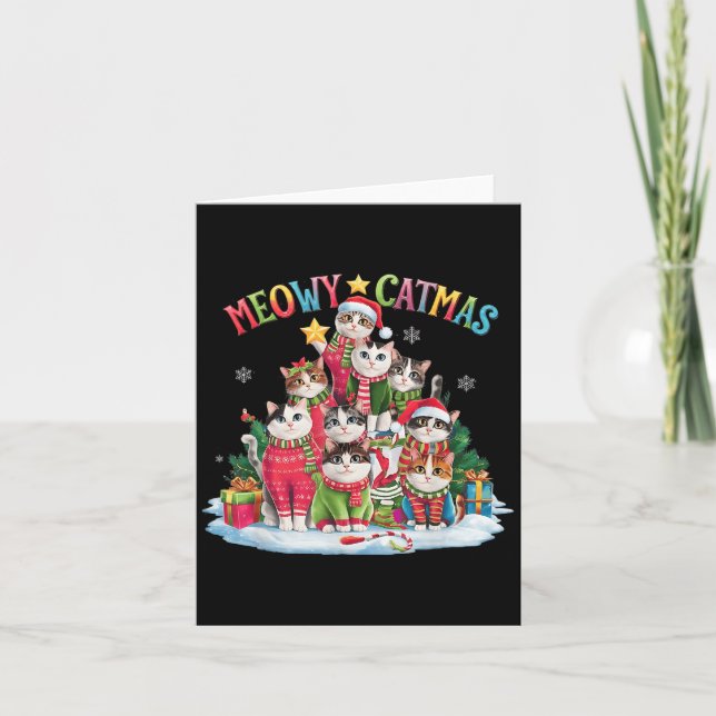 Xmas Cat Lover Meowy Catmas Cat Christmas Tree Lig Card (Front)