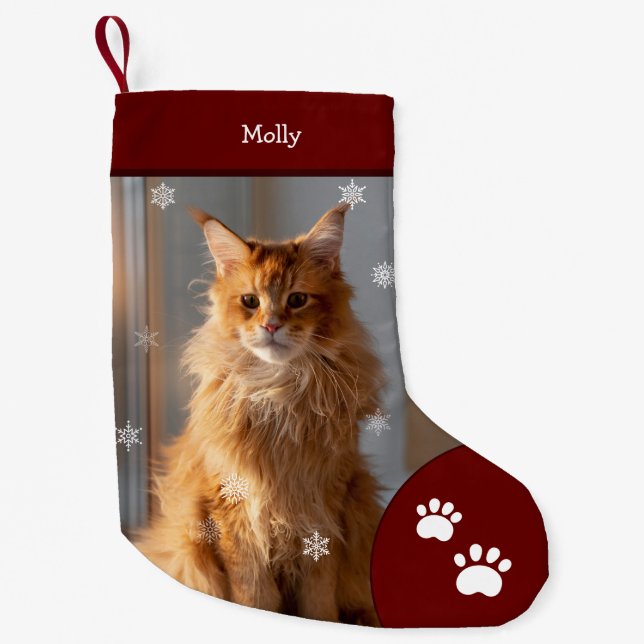 Xmas Cat Photo Holiday Red Personalized Large Small Christmas Stocking (Front)