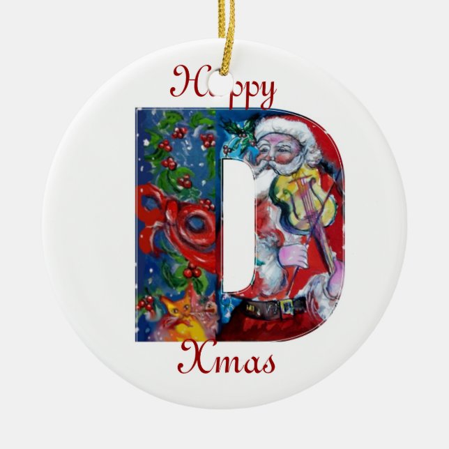 XMAS D LETTER /SANTA  CLAUS WITH VIOLIN MONOGRAM CERAMIC ORNAMENT (Front)