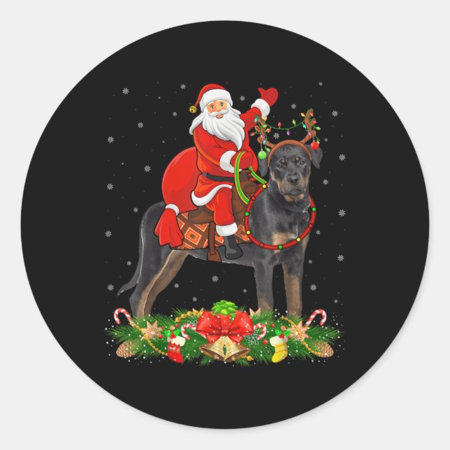 Xmas Decor Funny Santa Riding Rottweiler Dog Chris Classic Round Sticker (Front)
