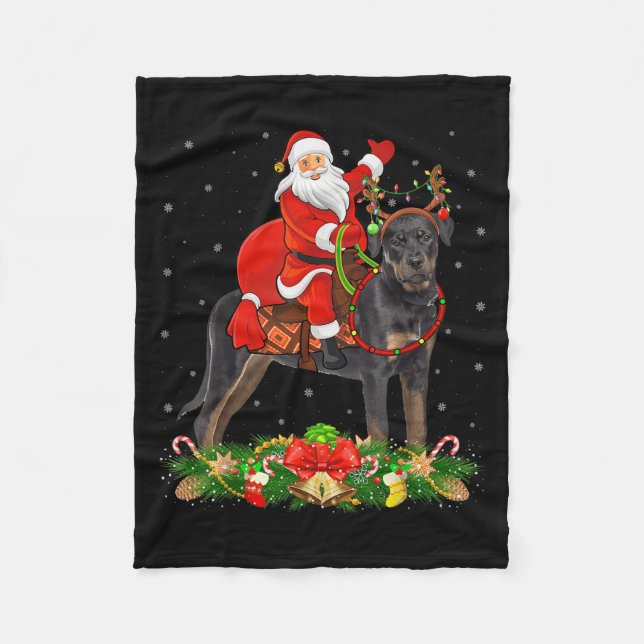 Xmas Decor Funny Santa Riding Rottweiler Dog Chris Fleece Blanket (Front)