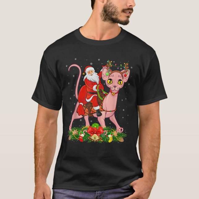 Xmas Decor Lights Funny Santa Riding Sphynx Cat Ch T-Shirt (Front)
