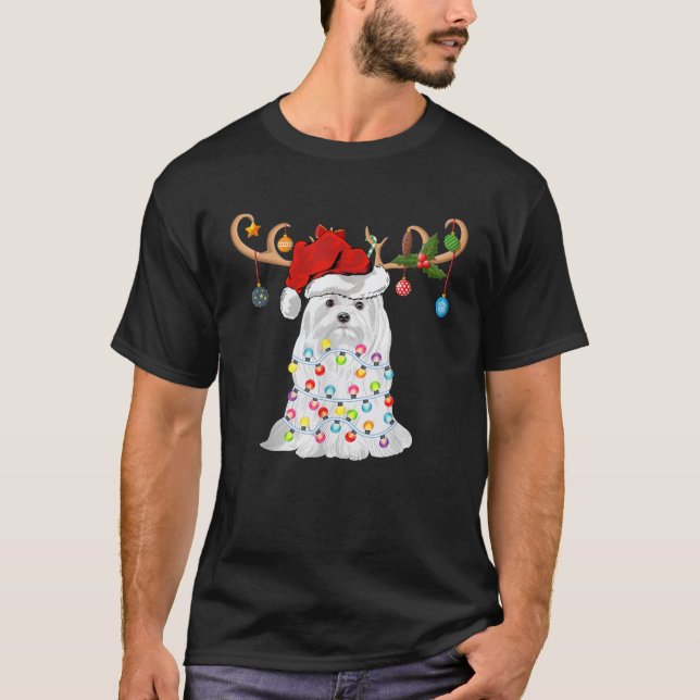 Xmas Decoration Lighting Santa Maltese Dog Christm T-Shirt (Front)