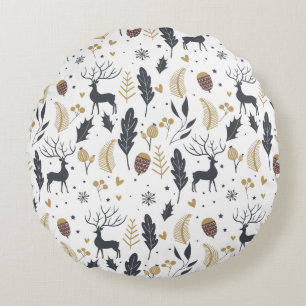 Xmas Deer and Leaves Joyful Greetings Collection Round Pillow