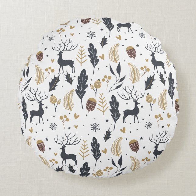 Xmas Deer and Leaves Joyful Greetings Collection Round Pillow (Front)
