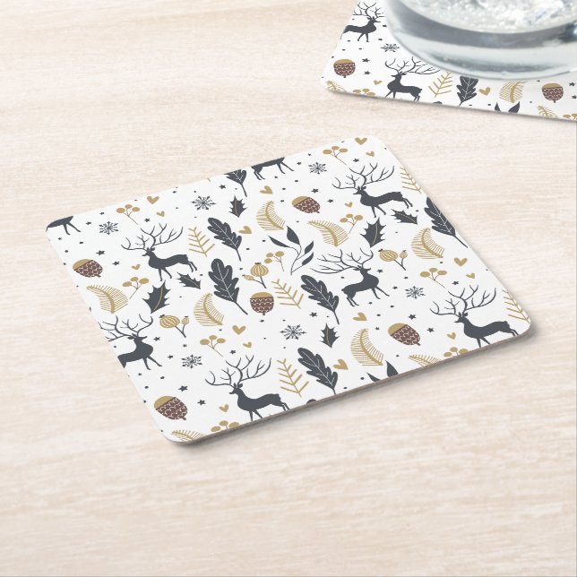 Xmas Deer and Leaves Joyful Greetings Collection Square Paper Coaster (Angled)