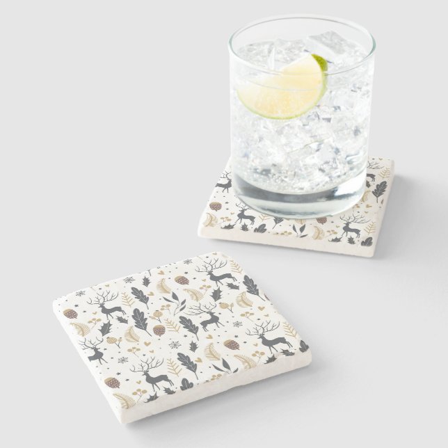 Xmas Deer and Leaves Joyful Greetings Collection Stone Coaster (Side)