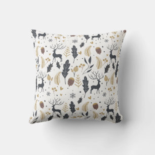 Xmas Deer and Leaves Joyful Greetings Collection Throw Pillow