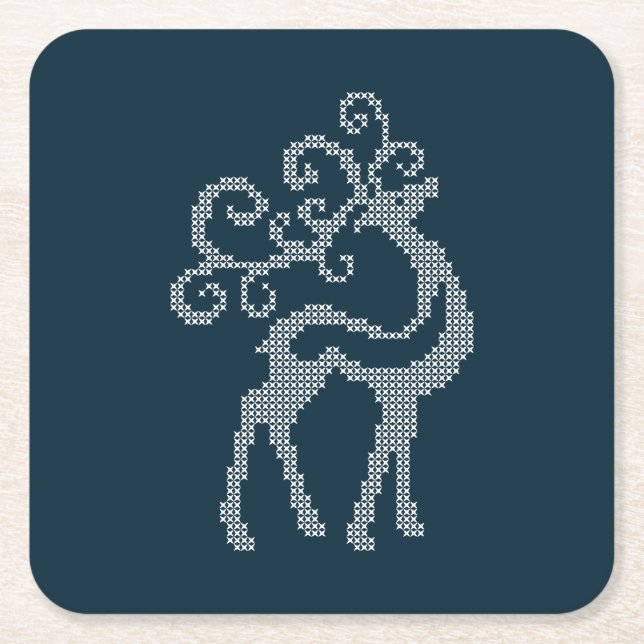 Xmas deer antlers nordic knitted design  square paper coaster (Front)