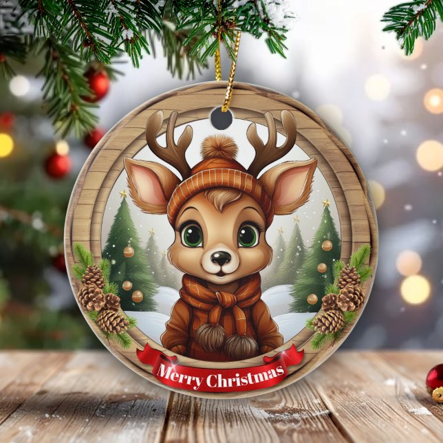 Xmas Deer with Antlers Animal Character Decor 🦌🎄 Ceramic Ornament (Editable Text Xmas Deer with Antlers Animal Character Reindeer Christmas Decor Ceramic Ornament 🦌🎄)
