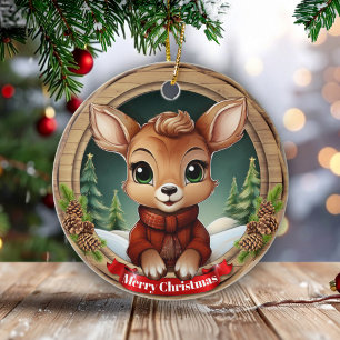Xmas Doe Festive Holiday Wooden Rustic Pine 🦌🎄 Ceramic Ornament