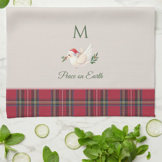 Xmas Dove Peace on Earth Custom Monogram Christmas Kitchen Towel (Folded)