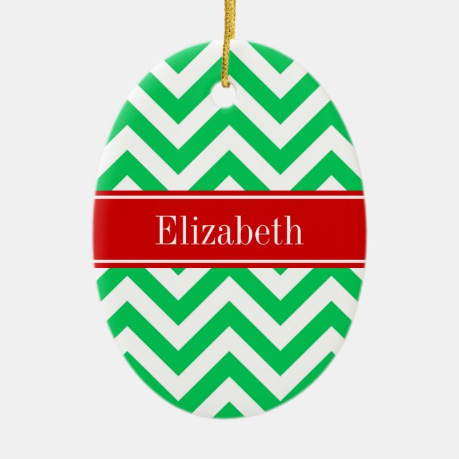 Xmas Emerald White LG Chevron Red Name Monogram Ceramic Ornament (Front)