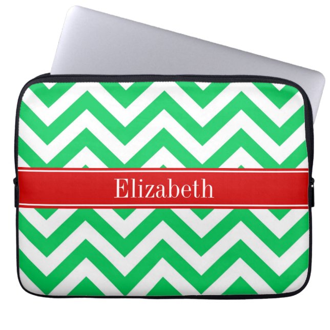 Xmas Emerald White LG Chevron Red Name Monogram Laptop Sleeve (Front)